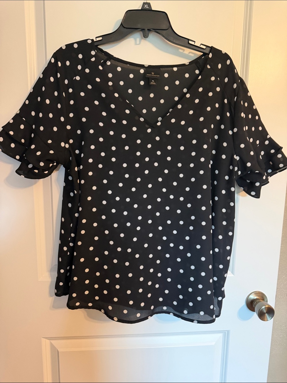 Worthington Black and White Polka Dot V-Neck Ruffle Sleeve Blouse
